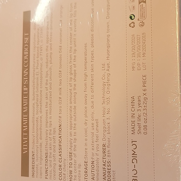 Bio-Dimot Velvet Matte Lip Stain Set of 6 New Sealed Box - Picture 2 of 2